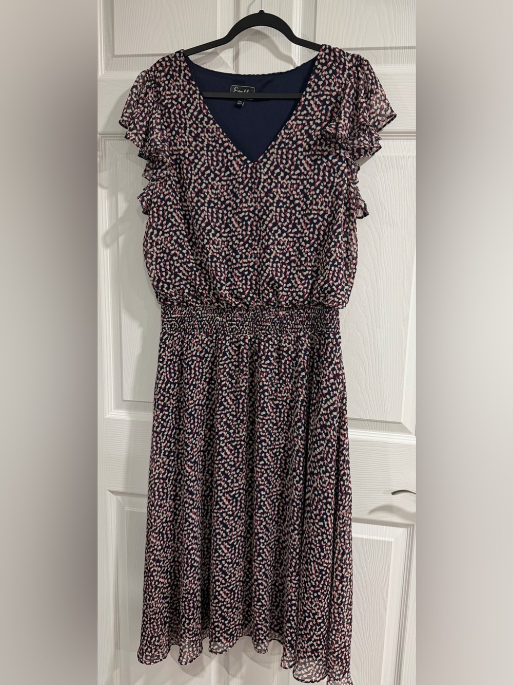 Everlily Printed Navy and Pink Flutter-Sleeve Maxi Dress
